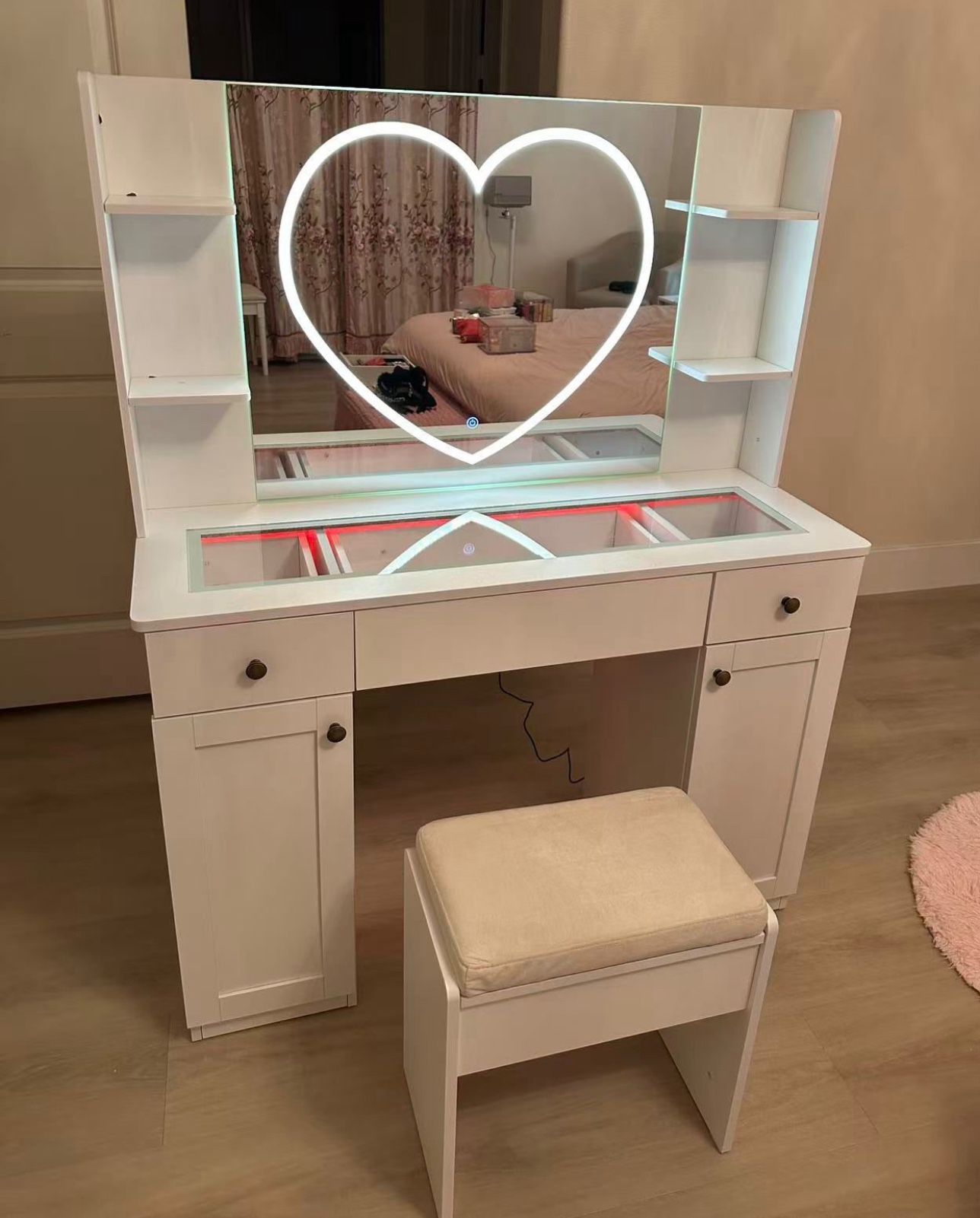 Vanity Desk With Mirror And Lights 43-Inch Vanity With Charging Station And Vanity Stool FCC Electrical Outlet, Adjustable brightness hear