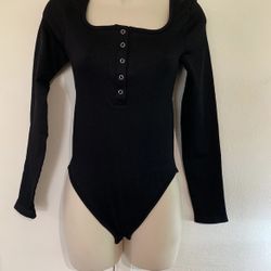 Black Scoop Neck Bodysuit Shirt for Women Button Down.  (H)