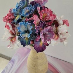 *** NEW LOW PRICE *** 19" Natural Bamboo Vase w Faux Iris Bouquet @ Lasting Creations