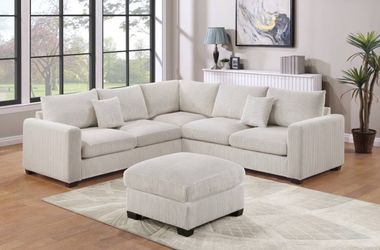 IVORY 3pc Plush Corduroy 99x99 sectional sofa with ottoman $550 pick up / can deliver