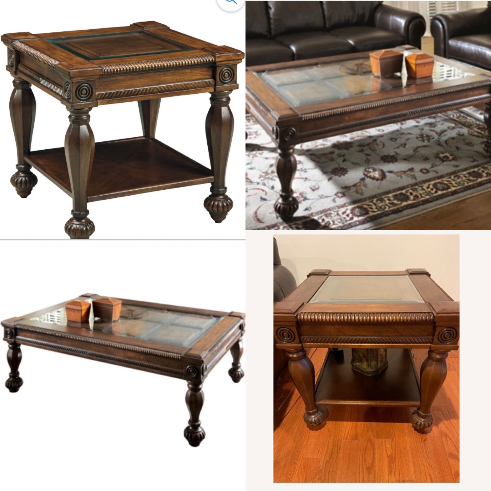 Set Of Coffee Table & Side Table Solid Wood W/ Glass Tops