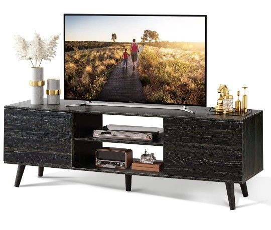 60 inch TV stand -  Charcoal Black - Modern Entertainment Center with Storage Cabinets, Mid Century TV Console Table 