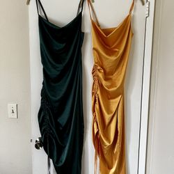 Green Satin Dress And Gold Satin Dress Cowl Neck Sexy Ruch Cocktail Midi Dresses