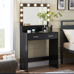 Vanity Desk with Mirror and Lights, Dressing Table with Large Drawer, 2 Level Storage Dresser & 3 Lighting Modes Adjustable Brightness, Suitable for B