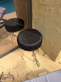 Black Faux Fur Round Stool with Gold Hairpin Legs