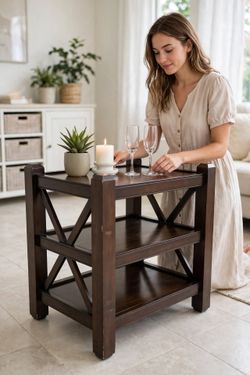 Dark Wood X-Frame 3-Tier End Tables / Nightstands