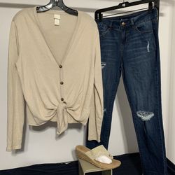 Ladies Denims By D Jeans Sz: 4 $12 / Sweater Blouse By H&M Sz: Med $8 / Sandals By: White Mountain Sz: 8 $10