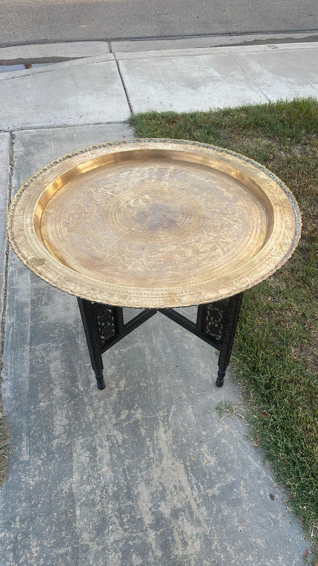 Mid Century 30" Brass Tray Table Folding Wood Stand Chinese Happiness Asian Boho
