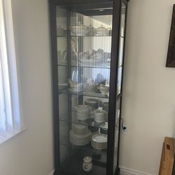 Pre-owned Pulaski Two Piece Dark Brown Wooden Cabinet Set With Sliding Glass Doors, Mirrors, Glass Shelves, Lighting, and Keylocks