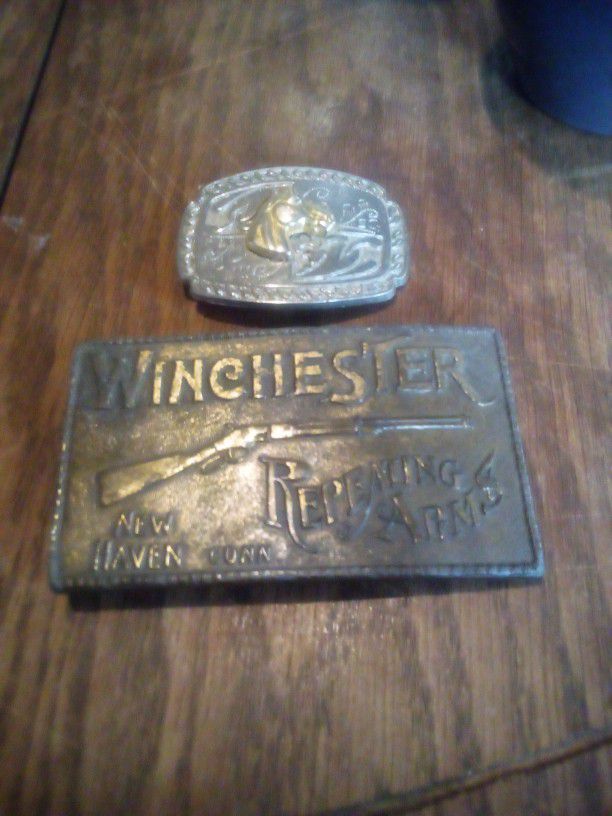 Two Vintage Brass Belt Buckle Winchester Horse