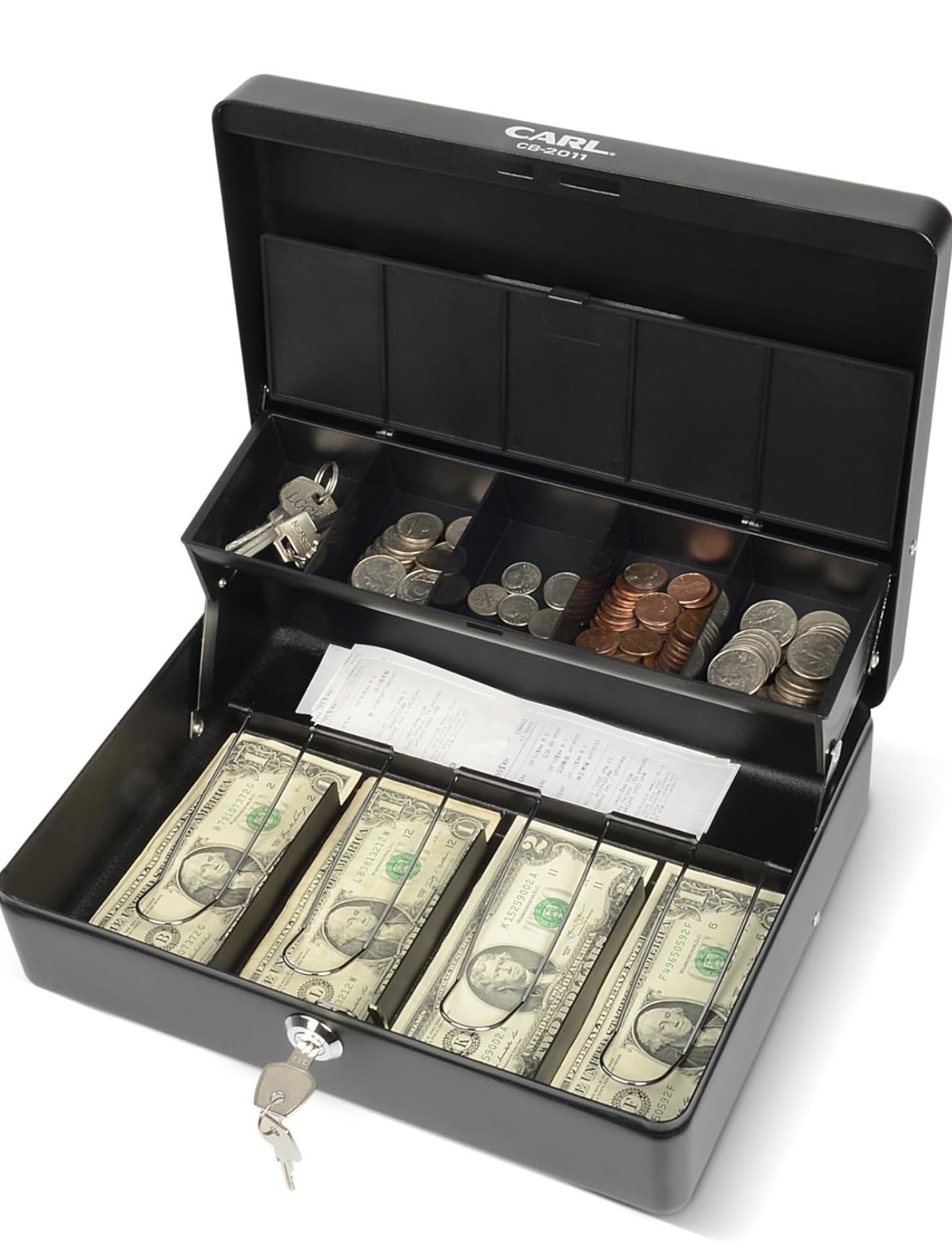 CARL CB-2011 Deluxe Tiered Tray Cash Box, Large, Black