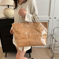 Vintage Washed Dupont Paper Large Tote Bag, Minimalist Letter‑Print Transparent PVC‑Coated Handbag