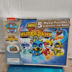 Paw Patrol 5 Wood Puzzles in Wood Case Mighty Pups Super Paws