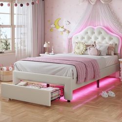 Twin Size Girl Bed with Storage Drawer & LED Lights, Upholstered Platform Bed, Adjustable Headboard with Velvet Crystal Button Princess Bed, Wood Slat