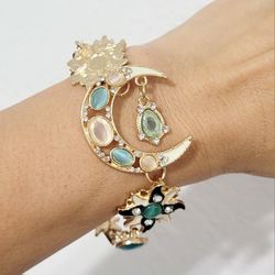 Gold blue moon and star toggle clasp retro style women's bracelet gift new
