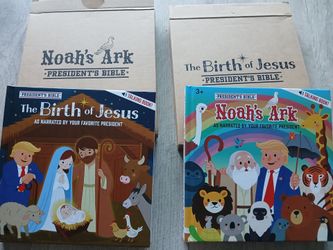 These are interactive "President's Bible" talking books featuring Noah's Ark and The Birth of Jesus.The books utilize AI-generated voice technology to