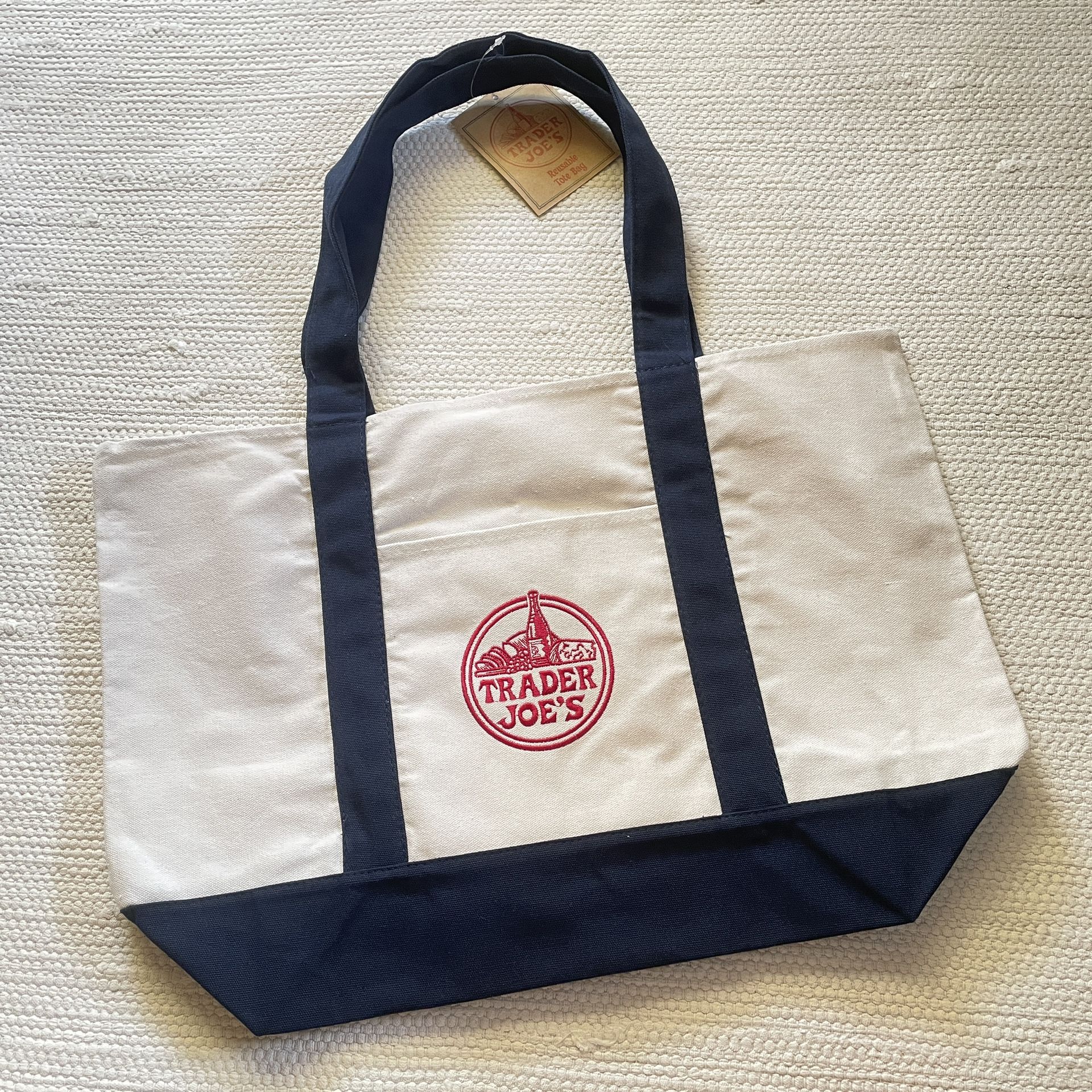 Trader Joe's Reusable Blue White Canvas Eco Tote Bag Heavy Duty