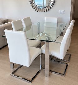 Modern Glass Dining Table with 6 White Chairs