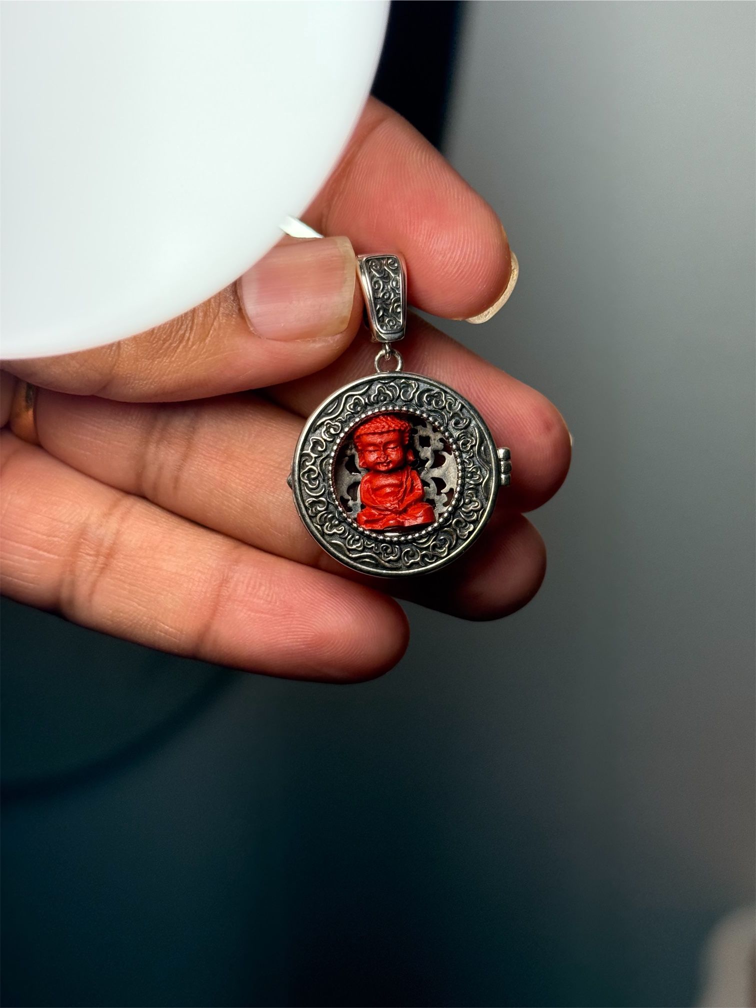 925 Sterling Silver Cinnabar Buddha Pendant – 11.9g Spiritual Jewelry