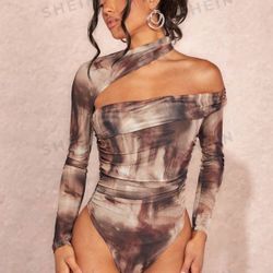 Women's Tie Dye Asymmetrical Collar Ruched Bodysuit