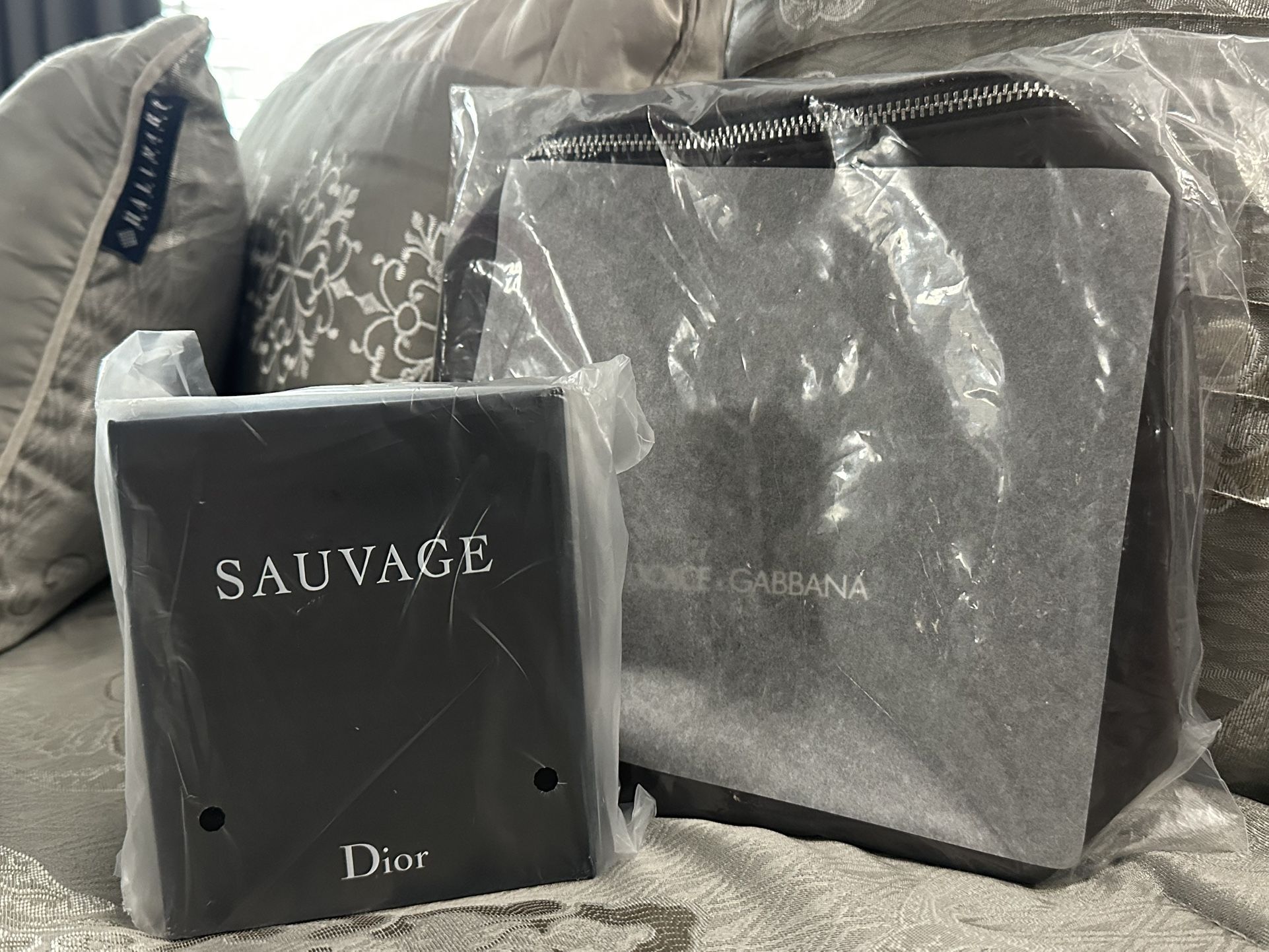 SAUVAGE Travel Size Eau De Parfum .34oz spray & shower Gel with Dolce & Gabbana travel Pouch
