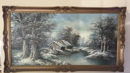 Vintage Framed Oil Painting – Winter Watermill Scene (29” x 53”)