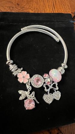 Silver Twisted Cable Charm Bracelet Pink Charms