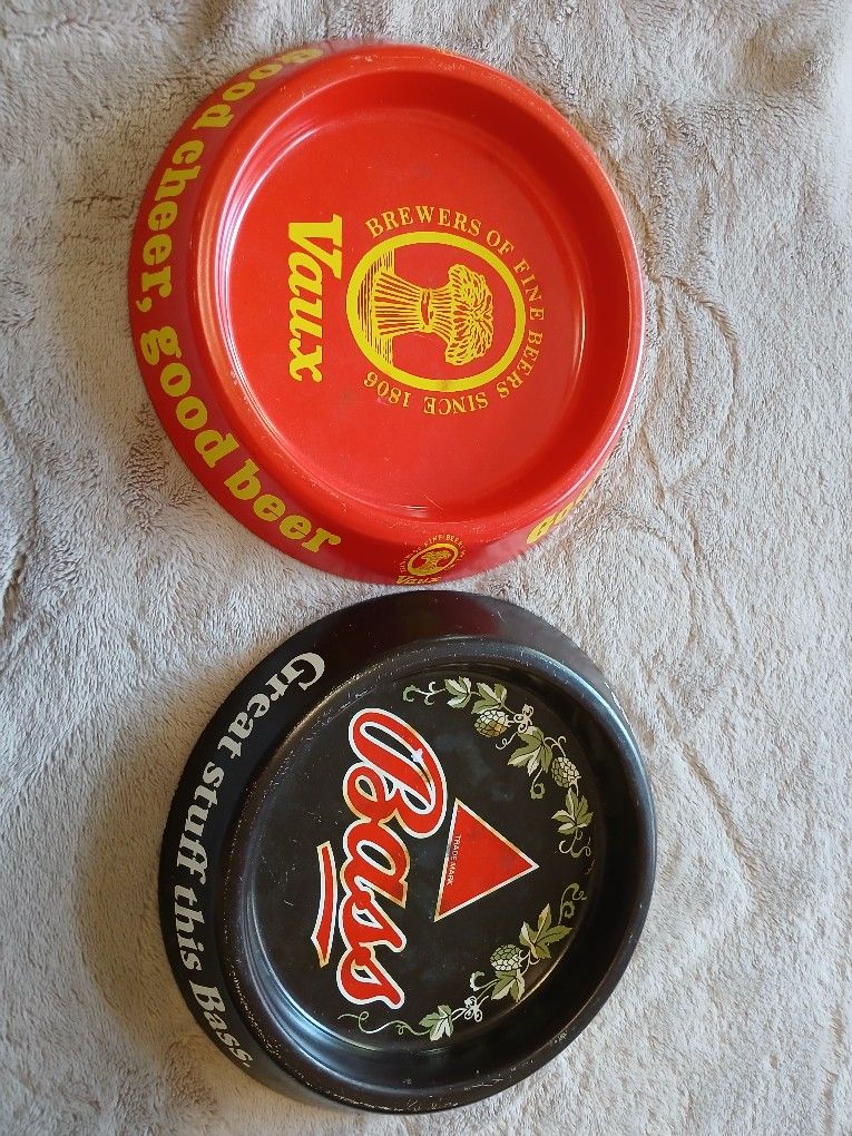 Vintage Voss & Bass Beer Tin Ashtrays 8 Inch Round