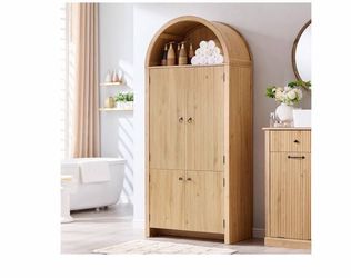 B) 71" Tall Arched Bathroom Storage Cabinet,Modern Fluted Design,Natural Wooden Storage Cabinet with Doors, 3 Adjustable Shelves, 6 Door Shelves, Free