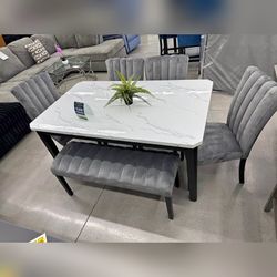 5PC Faux marble top dining table set gray color chairs