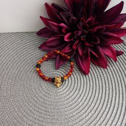 Red And Yellow Crackle Beads With Lava Rock And Gold Wolf