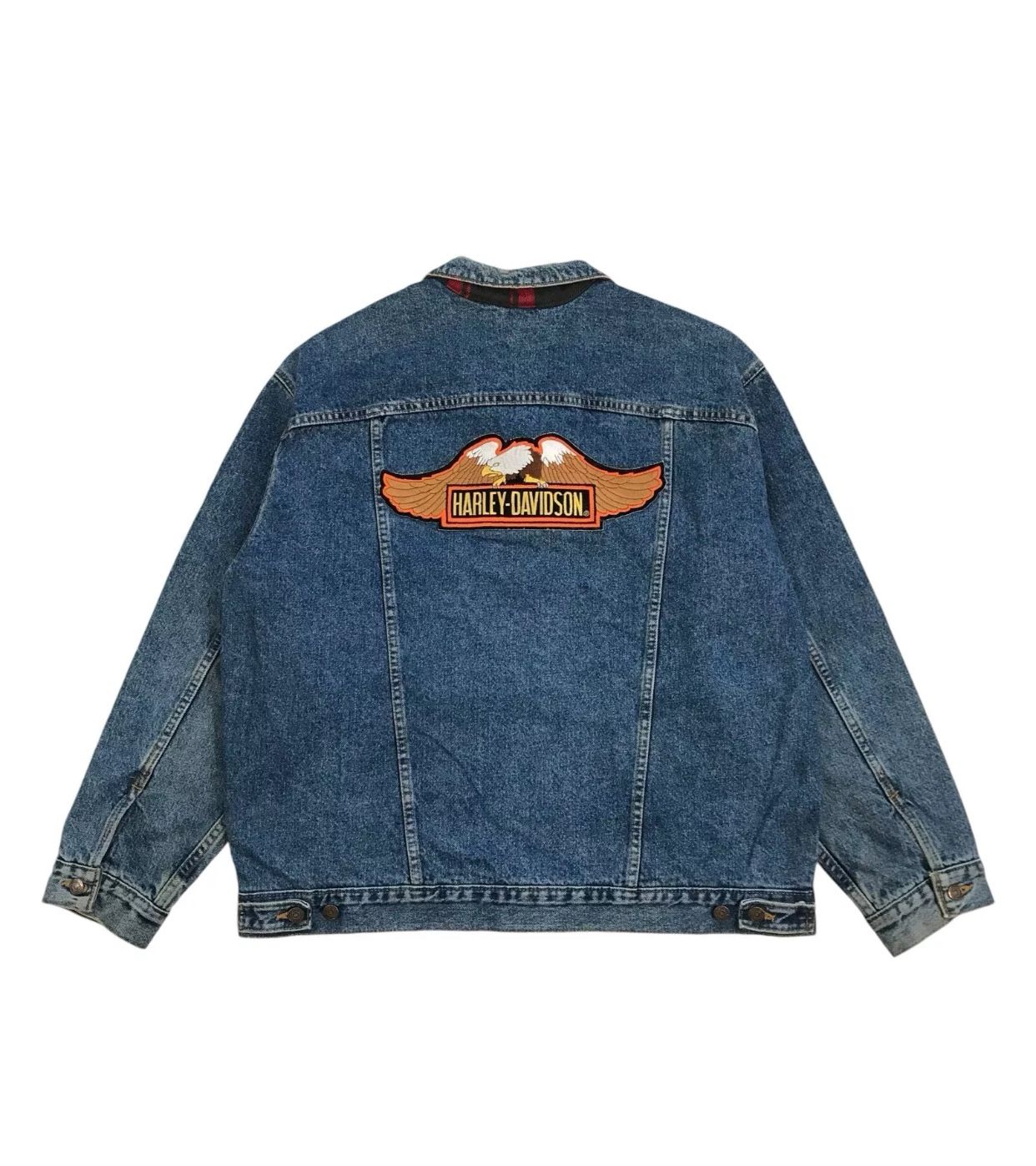 VINTAGE LEVIS HARLEY DAVIDSON TRUCKER JACKET XL MENS DENIM PLAID FLANNEL BUFFALO