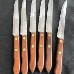 Vintage Steak Knives Set of 6 Utica Super Edge Stainless Steel USA Some Wear
