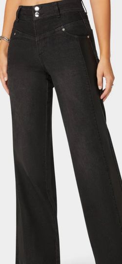 High Waist Vegan Leather Side Panel Wide Leg Jean