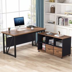 L-Shaped Computer Desk, 63" Executive Desk and Mobile File Cabinet