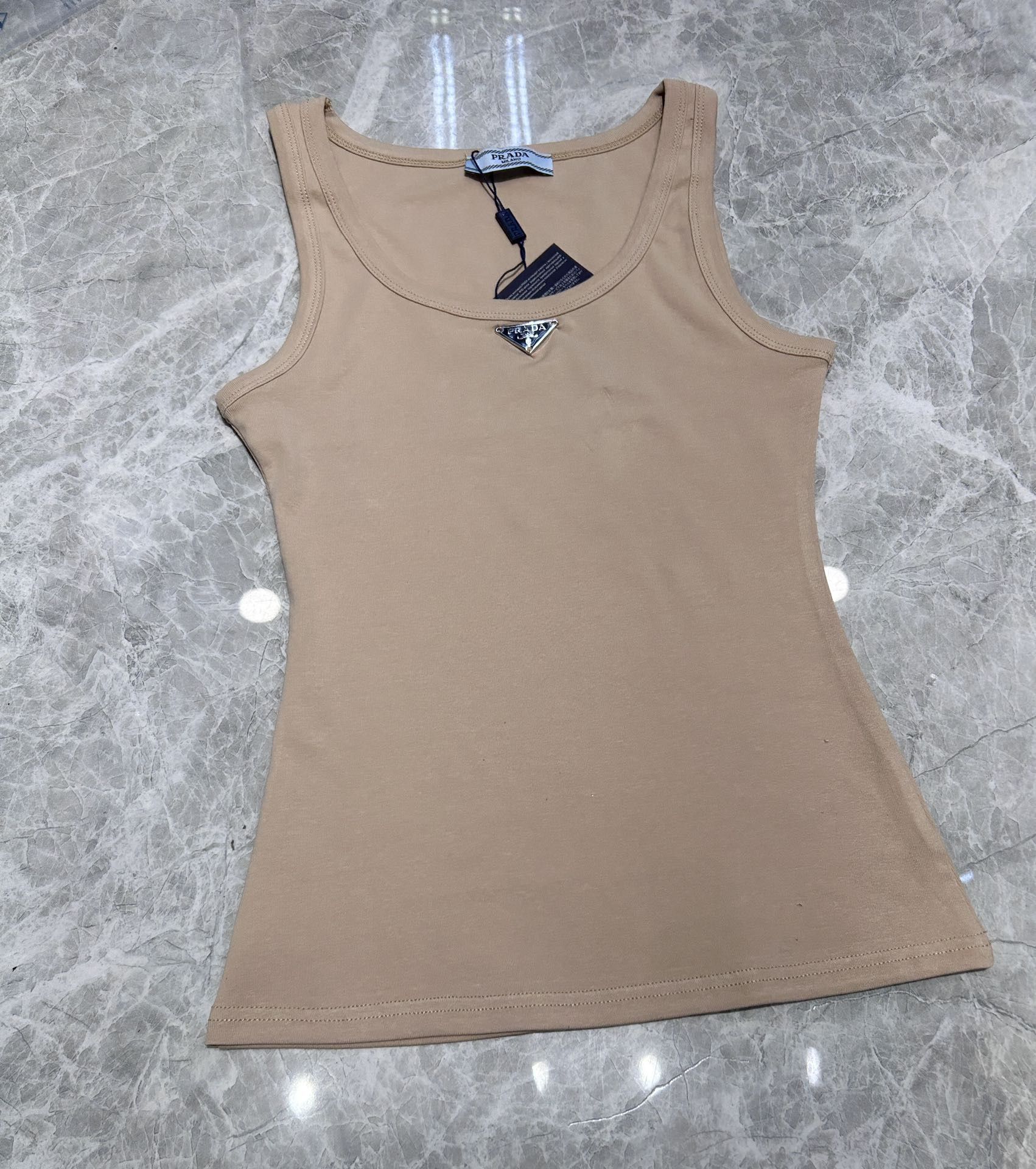 Prada Ribbed Knit Jersey Tank Top Tan