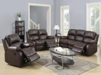 Brown Leather Fully Reclining Three Piece Couch Set