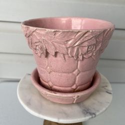 McCoy Pottery 1954 No. 111 Flower/Plant Pot with Attached Saucer Pink 6 inch 