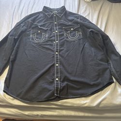 True Religion XL Mens Long Sleeve Dyed Big T Western Two Chest Pockets Black