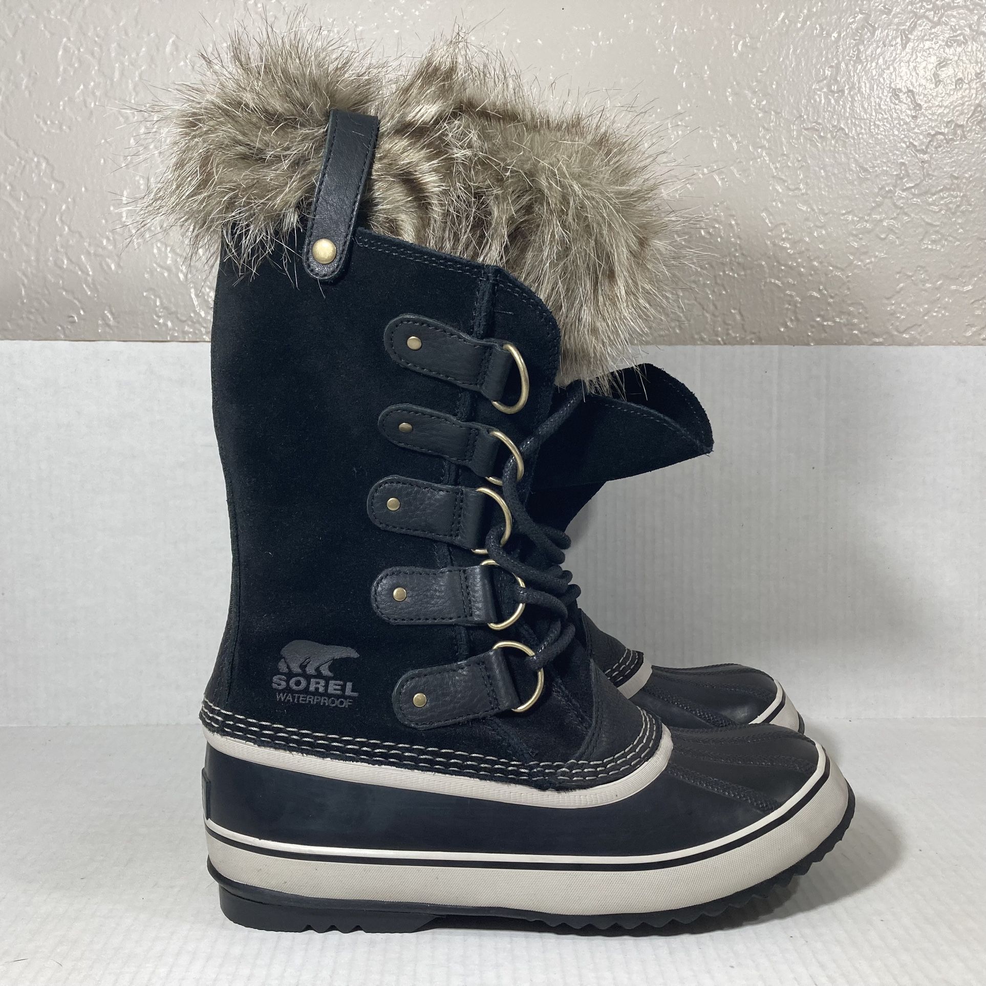 SOREL Joan Of Arctic Waterproof Black Suede Leather Fur Snow Winter Boots Wmns Sz 10