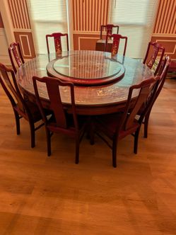 71” Inlaid Asian Round Dining Table + 42” Lazy Susan & 12 Chairs