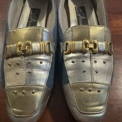 Annie Denim, Silver & Gold Beaded Loafers … Retro 80-90’s Style . Women’s Size 6