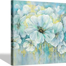 Abstract Flower Canvas Wall Art - Floral Painting Aqua Teal Blues White Bouquet Artwork Print 28'' x 28''