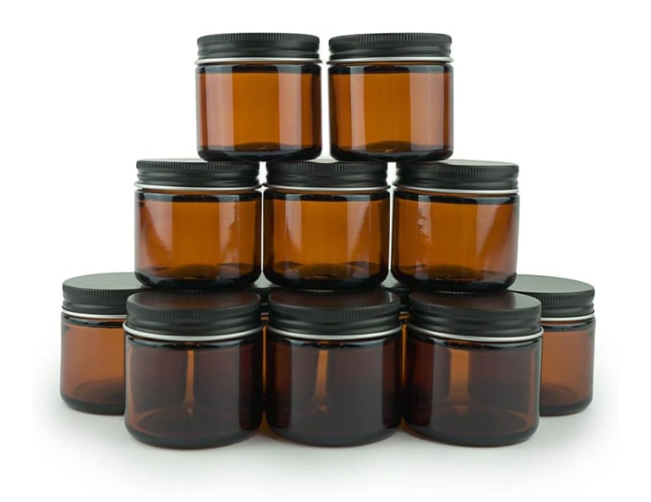 Brand New Glass Amber 2oz Empty Round Jars W/ Black Lid - (12 Pack = $20 / 48 Pack = $65)