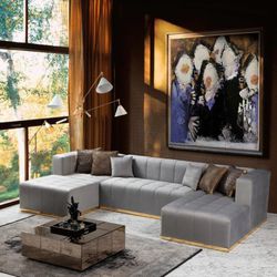 Elisha Gray Velvet Double Chaise Sectional💥Furniture Livingroom Couch Sofa 