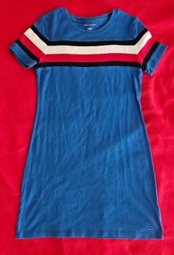 Tommy Hilfiger colorblocked short-sleeve T-shirt dress featuring horizontal red, white, and black stripes across the chest, Medium