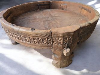Antique 29" Grinder Table Indian Carved Chakki Table Coffee Table Side Table