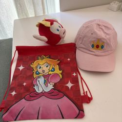 Super Mario bundle  Pink Princess Peach cap  Backpack  Cheep cheep push 