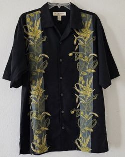 Tommy Bahama Embroidered Silk Shirt Lare Black Yellow Floral