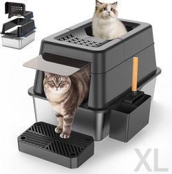 Stainless Steel Litter Box with Lid, 20L Metal Enclosed Litter Box for Big Cat, Flip-Top Design with Anti-Leakage High Sides, Large Cat Lovers Gifts,
